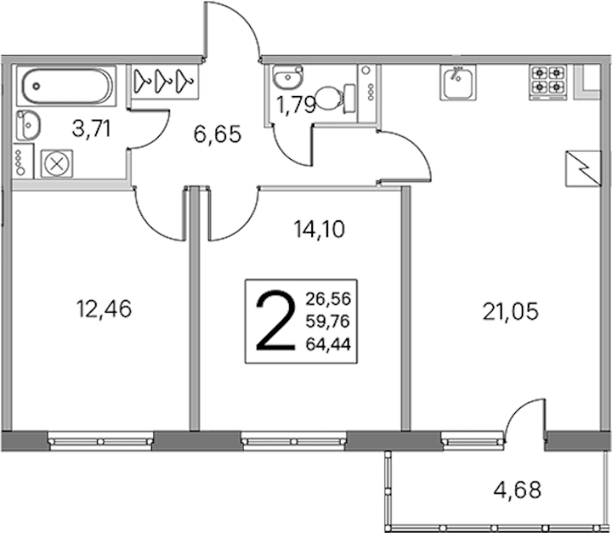 2-комнатная квартира 59.76 м², 2/5 эт., ЖК «ЮгТаун. Олимпийские кварталы»